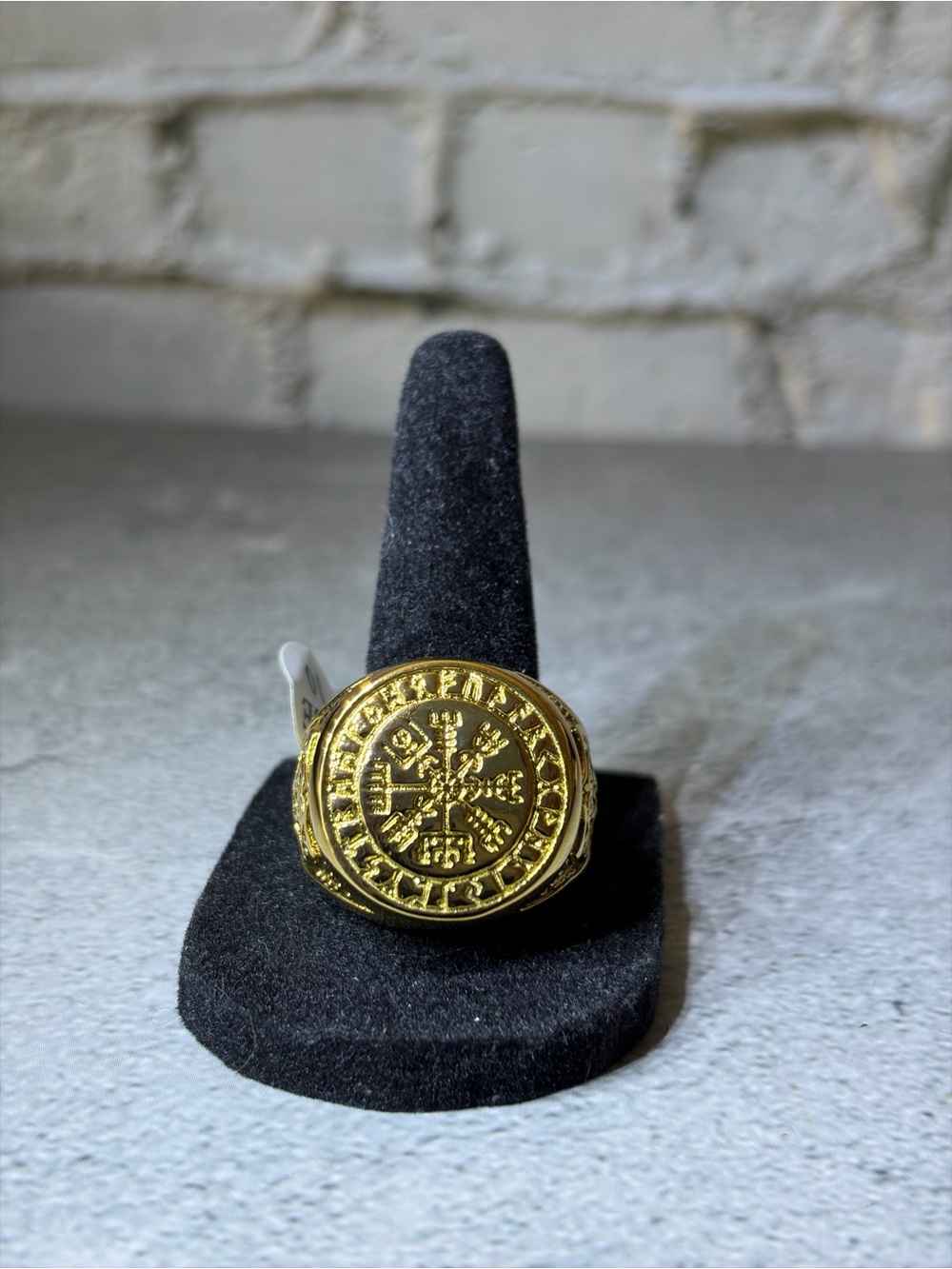 Men’s Gold Tone Viking Compass Rune Signet Ring Size 10 Norse Style 22m